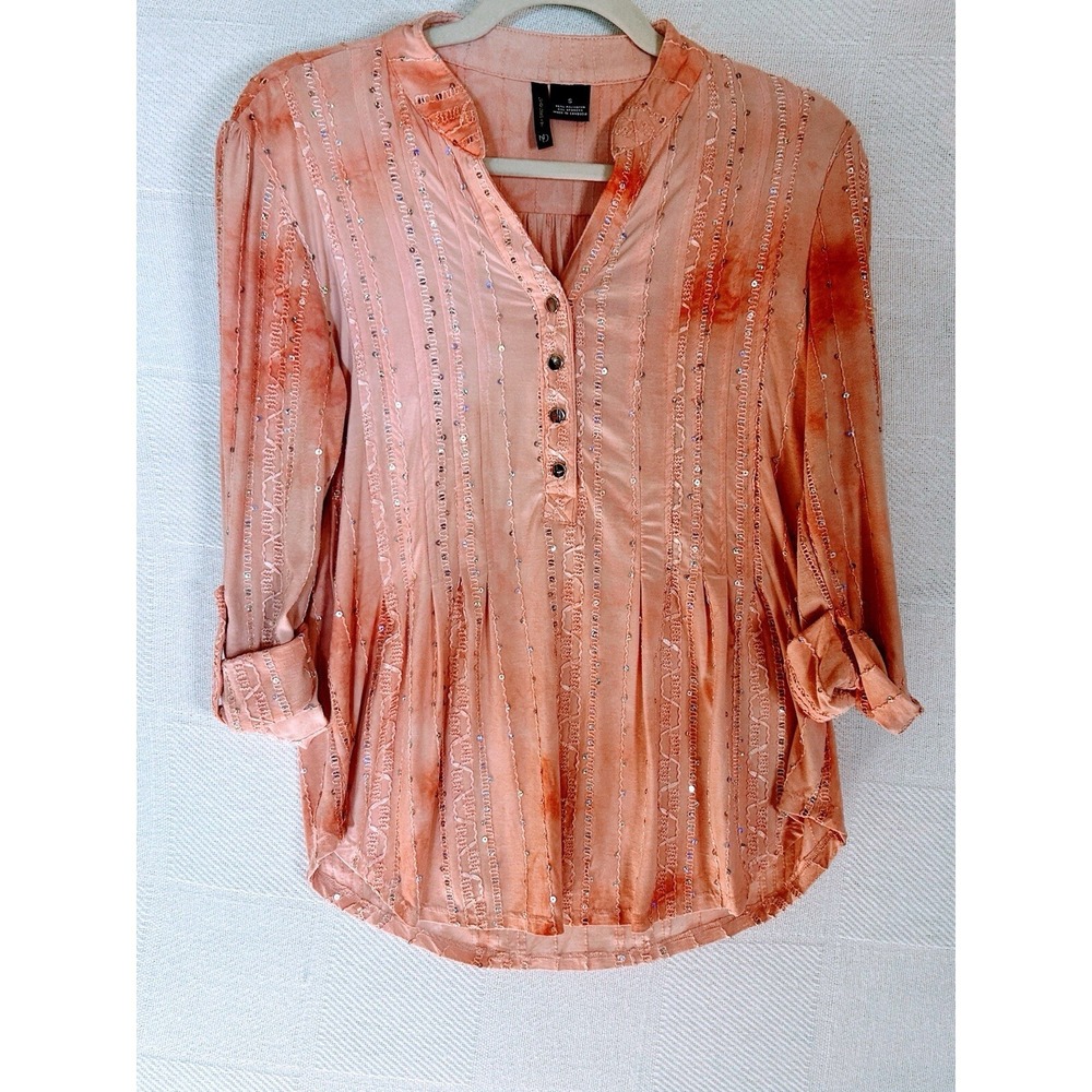 Pintick Popover Roll Tab Sleeves Sequin Tye-Dye Peach Dip Dye Boho Top SZ S